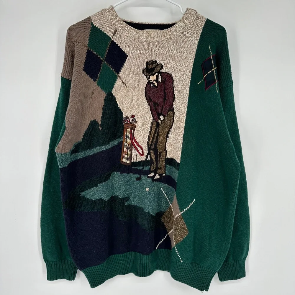 Vintage 90s Cotton Traders Golf Intarsia Argyle Grandpa Sweater Green Mens M